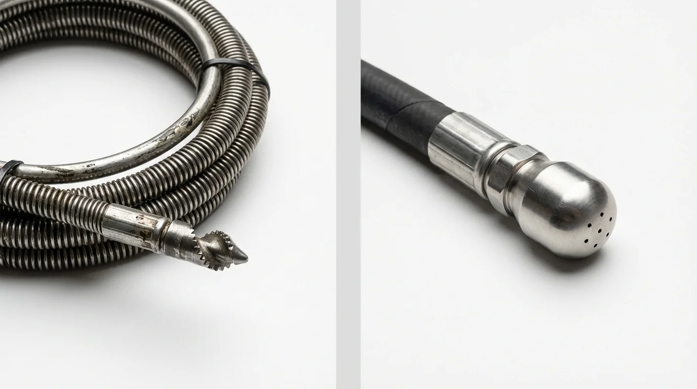 Drain snake cable and hydro jetting nozzle used for drain cleaning in Kansas City, KS