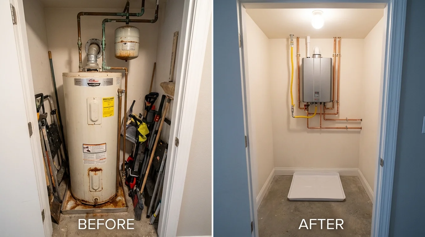 Tank water heater versus wall-mounted tankless unit comparison for Kansas City, KS homeowners