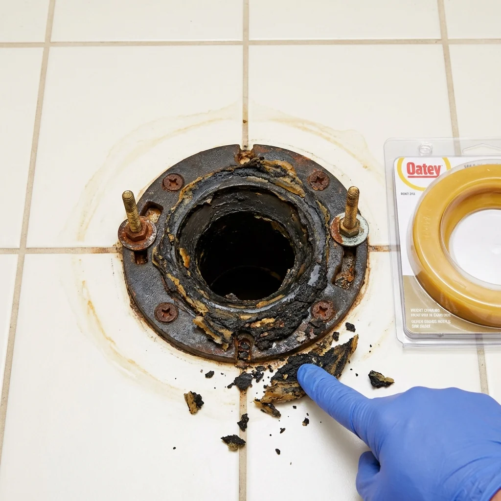 Failed wax ring showing water seepage at the base of a toilet in a Kansas City, KS home