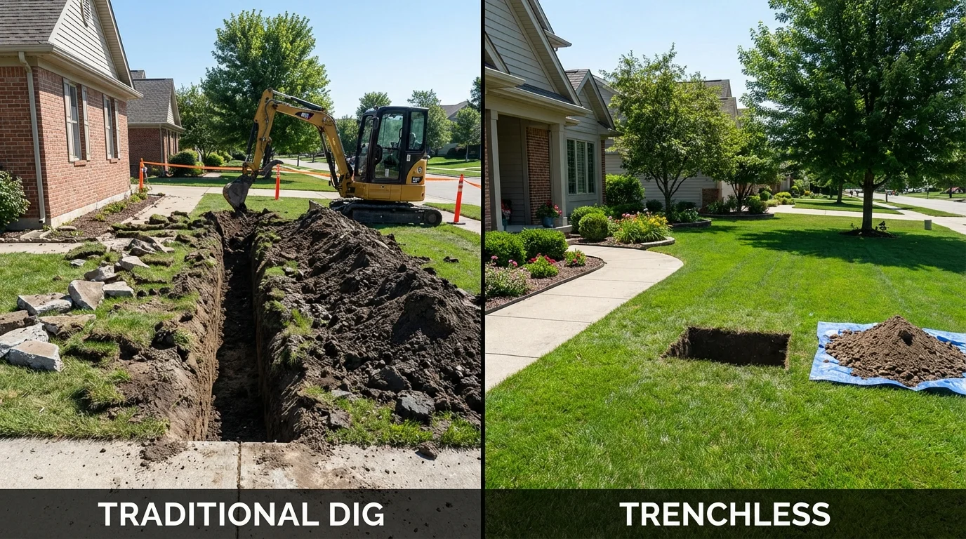 Trenchless sewer repair with minimal yard damage versus traditional excavation in Kansas City, KS