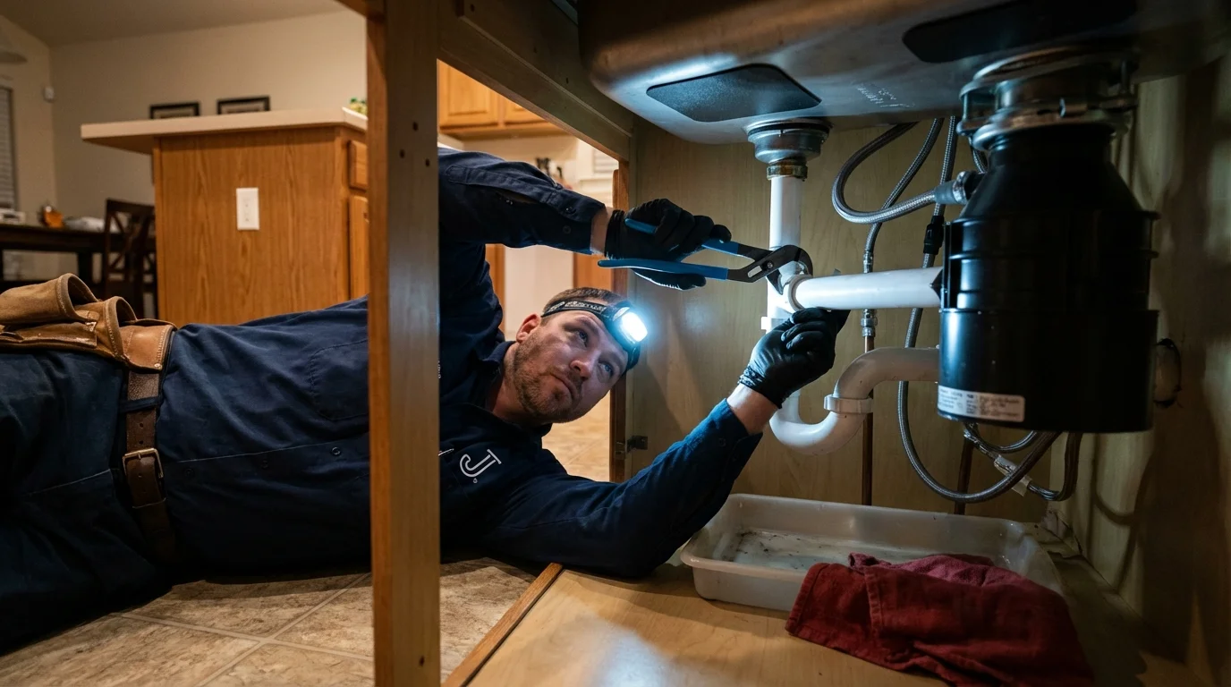 P-trap and supply line connections under a kitchen sink showing a common leak point in Kansas City, KS
